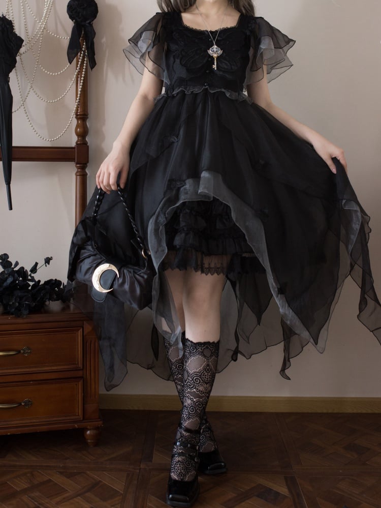 Twin Butterfly Black Square Neckline Handkerchief Hem Jumper Skirt