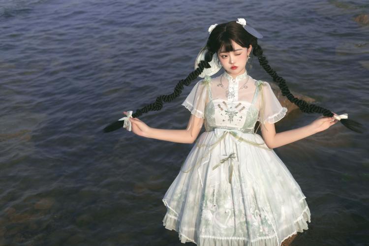 Swan Castle Print Green Qi Style Jumper Skirt/Full Set Embroidery Ruffle Hem