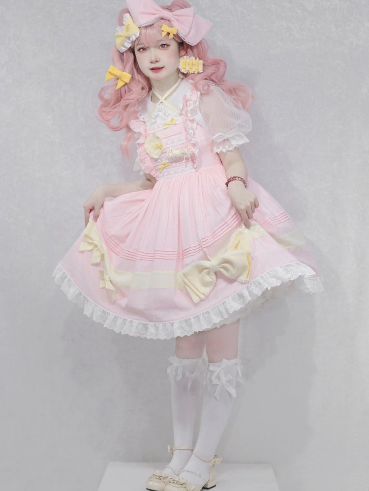 In Stock Bowknot High Waist Ruffle Hem Jumper Skirt