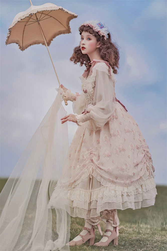 Time Letter Paper Floral Print Bowknot Details Drawstring Ruffle Hem Long Sleeves One Piece