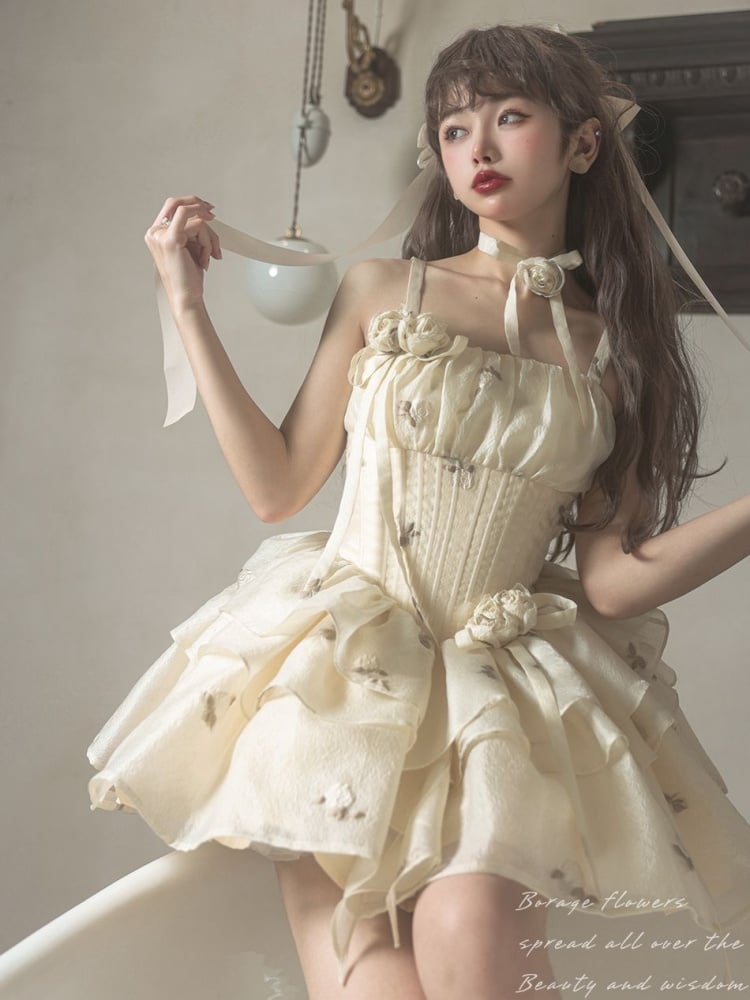 Light Yellow Floral Pattern Boned Bodice Jumper Skirt with Rosette Brooches Short Version