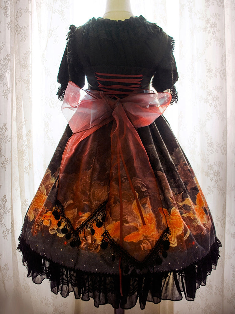 In Stock Lotus Bloom Fish Print Flounce Hemline Chinoiserie Style Jumper Skirt