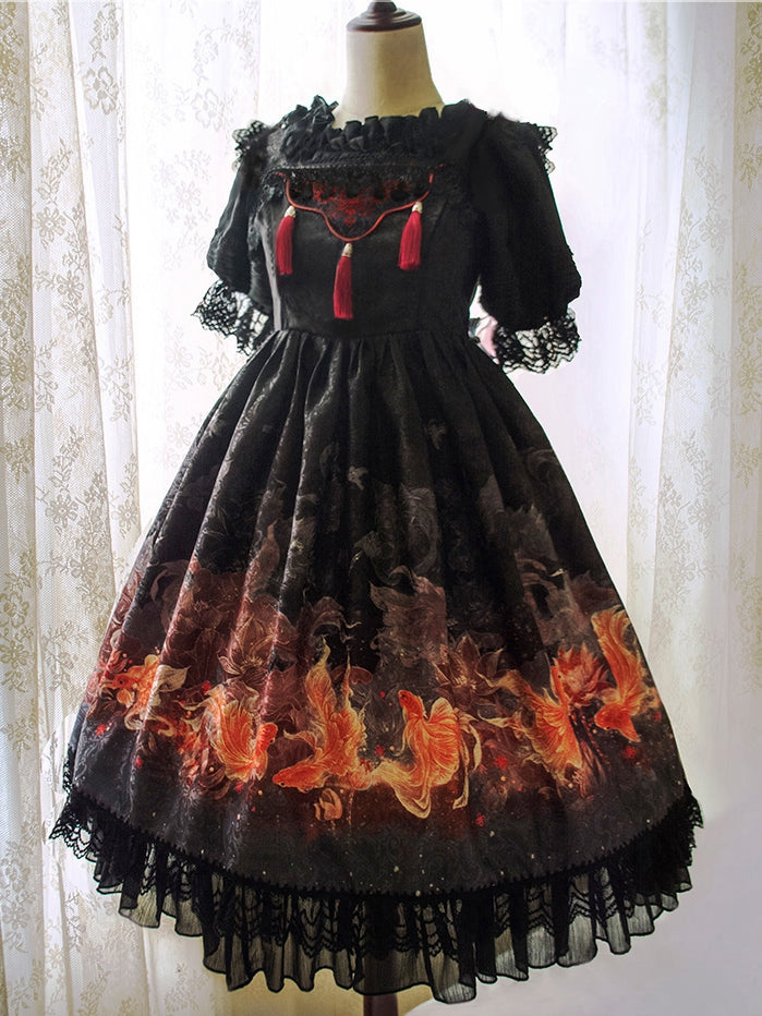 In Stock Lotus Bloom Fish Print Flounce Hemline Chinoiserie Style Jumper Skirt
