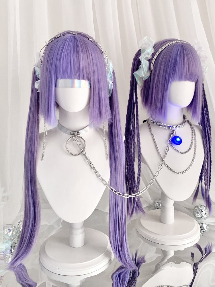 Purple Chin Bob Cut Wig with Braids Jaw Clips