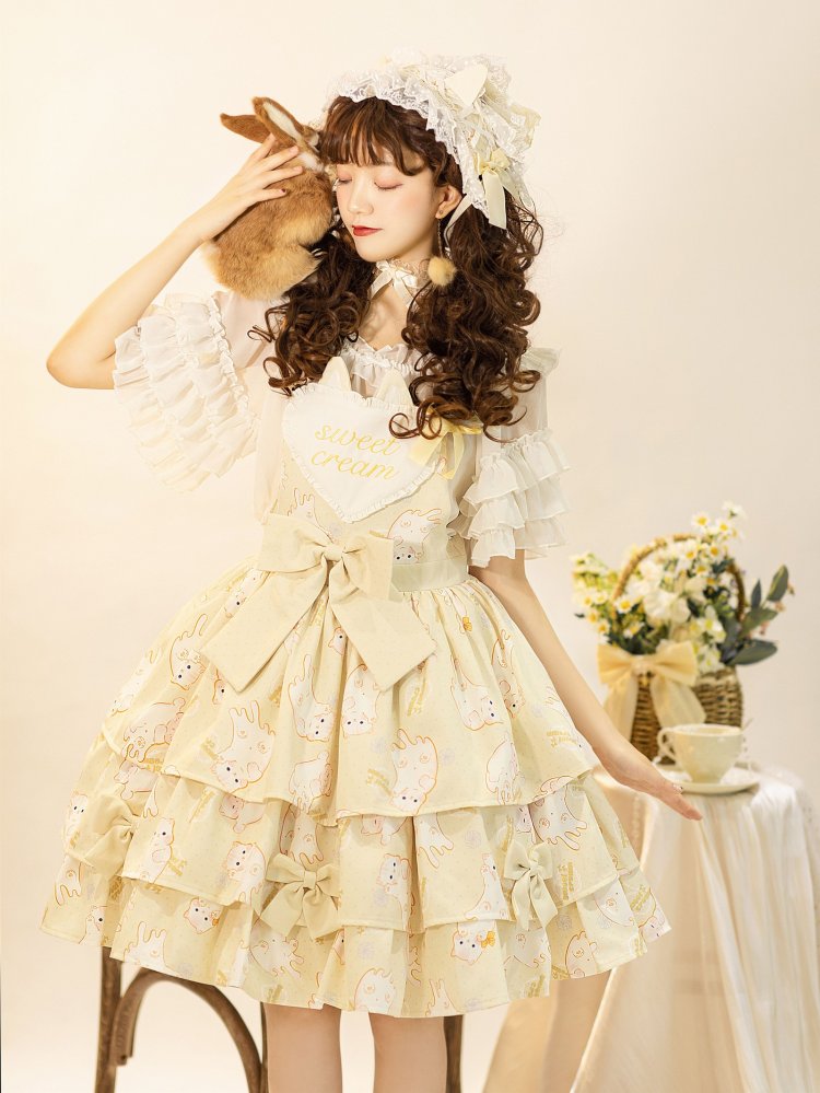 In Stock Kitty Print Bowknot Details Tiered Ruffle Hem Overall Dress