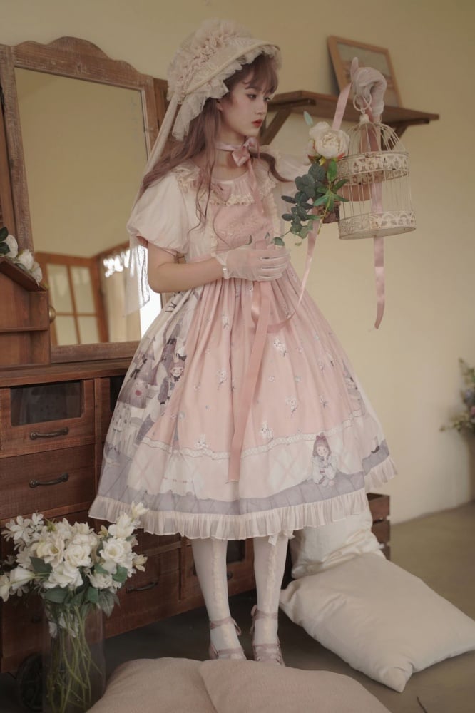 Spring Curtain Country Style Little Girl Print Embroidery Round Neck Bowknot Details Short Sleeves One Piece