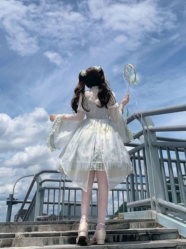 Swan Castle Print Green Qi Style Jumper Skirt/Full Set Embroidery Ruffle Hem