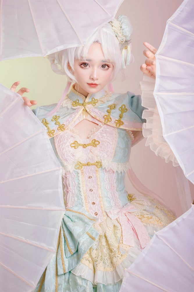 Light Green and Pink Detachable Collar Qi Tiered Ruffles Jumper Skirt - Sukuroi