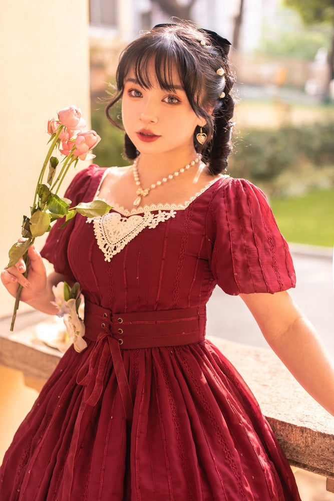 Tulip 1.0 Tiered Skirt and Ruffle Trim Short Sleeves One Piece Version A (Lace Applique Neckline)/Version B