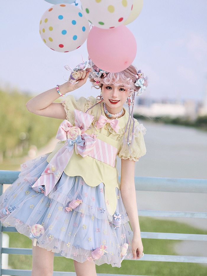 Rainbow Candy Stars Print Lollipop Design Lolita JSK+Brooches+Big Bow Train Set