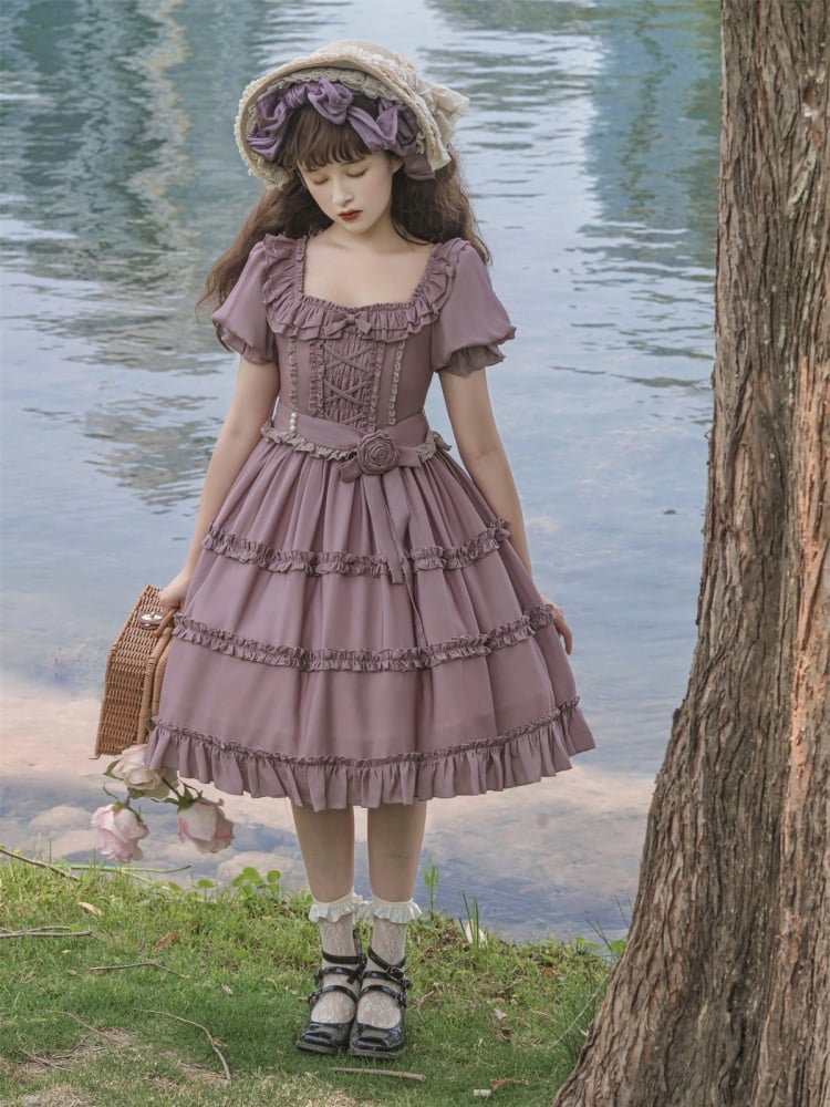 Square Neckline Smocked Elastic Front Bodice Ruffle Hemline Long/Short Sleeves Lolita OP