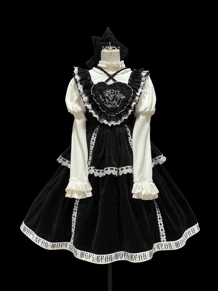 In Stock Runaway Bear Emboridery Heart-shaped Neckline Letter Print Hemline Velvet Jumper Skirt