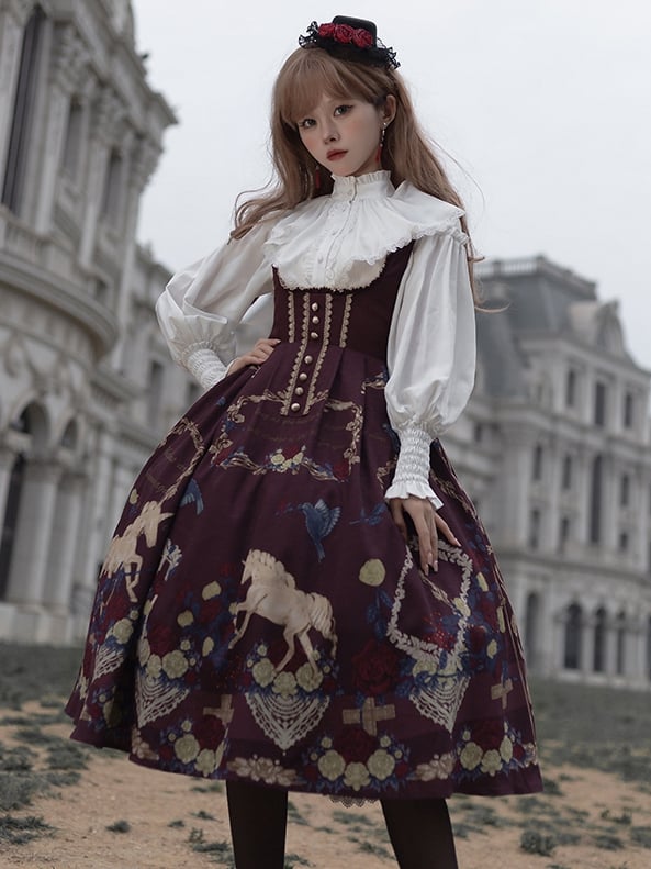 Red Underbust Neckline Unicorn Print High Waist Jumper Skirt