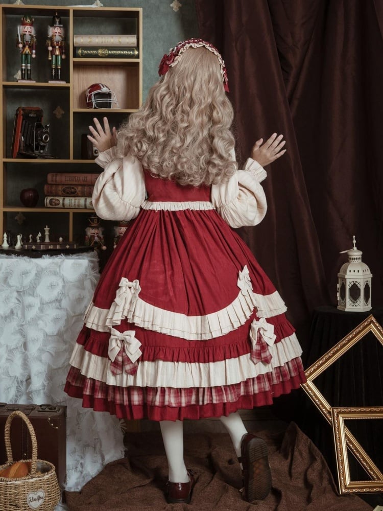 Peter Pan Collar Red Plaid Pattern Bowknot Details Long Sleeves Lolita OP