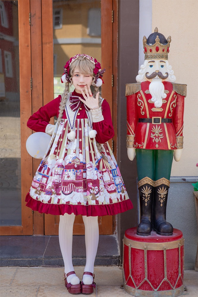 Popcorn and Star Pattern Print Pointed Collar One Piece Red and Yellow