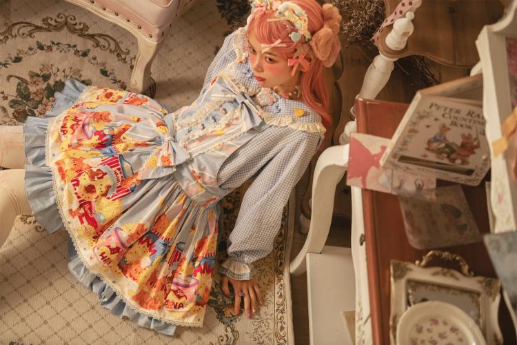 Little Bear and Pot Built-in Petticoat Bear and Biscuit Print Overalls