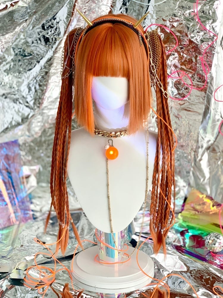 Orange Chin Bob Cut Wig with Braids Jaw Clips