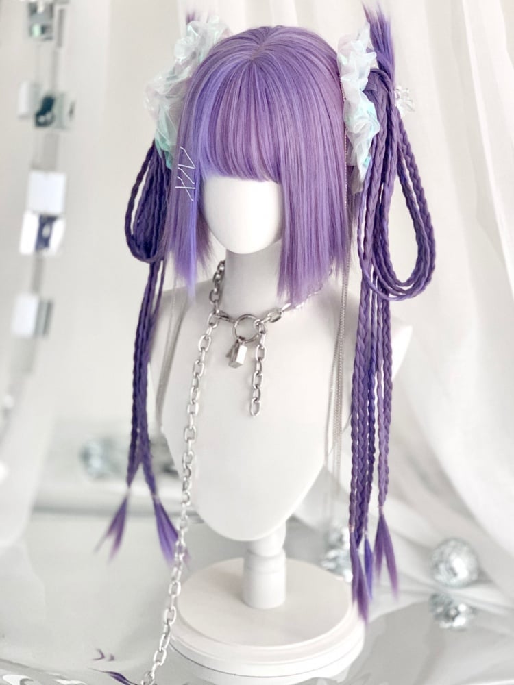 Purple Chin Bob Cut Wig with Braids Jaw Clips