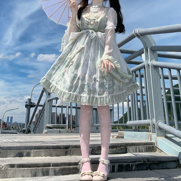 Swan Castle Print Green Qi Style Jumper Skirt/Full Set Embroidery Ruffle Hem