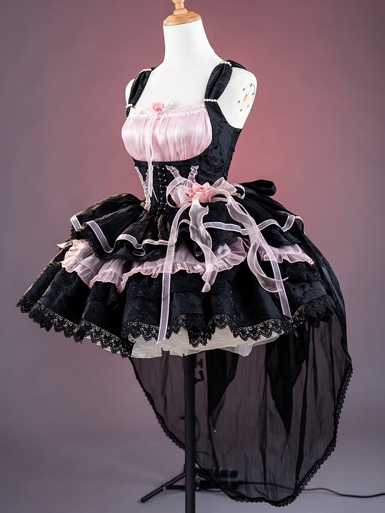 Memoirs of Rose Color Black and Pink Jumper Skirt Lace-up Detail Tiered Skirt and Flounce Hem
