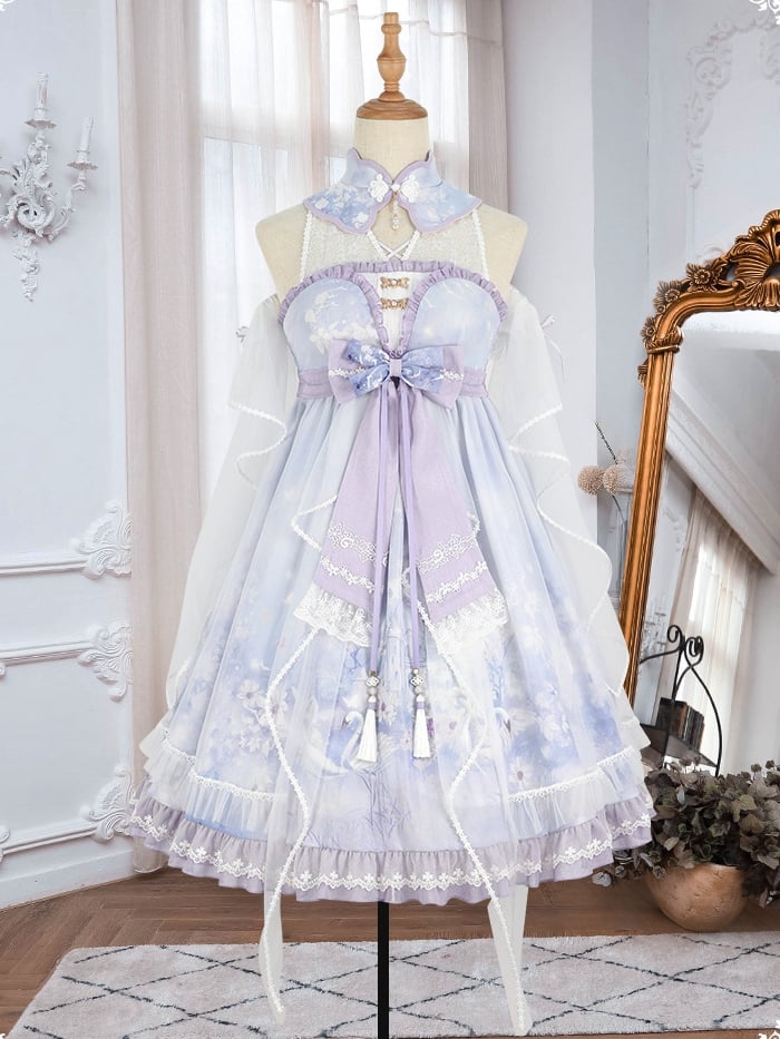 Purple Swan Castle Floral Print Banded Collar Ruffle Hemline Lolita JSK