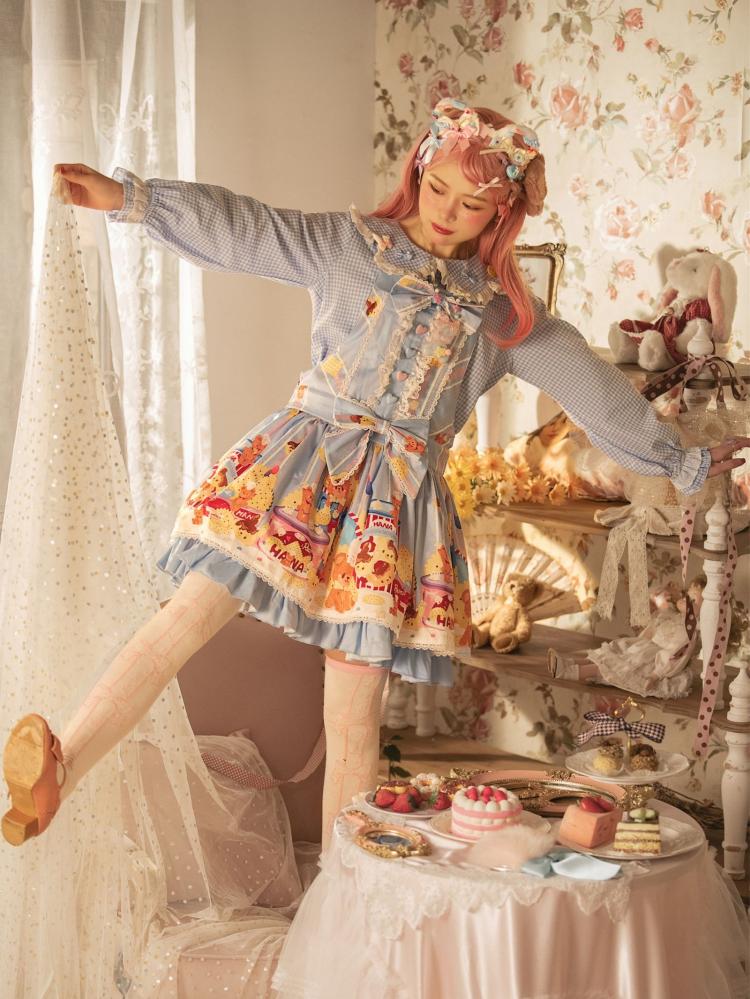 Little Bear and Pot Built-in Petticoat Bear and Biscuit Print Overalls