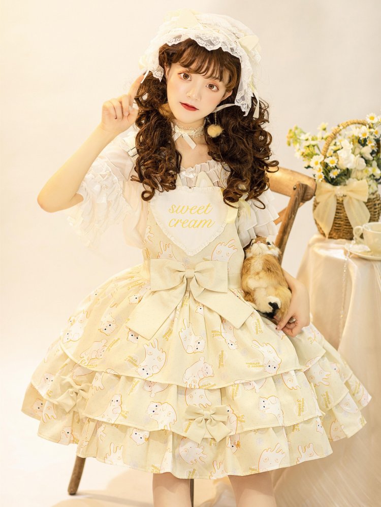 In Stock Kitty Print Bowknot Details Tiered Ruffle Hem Overall Dress