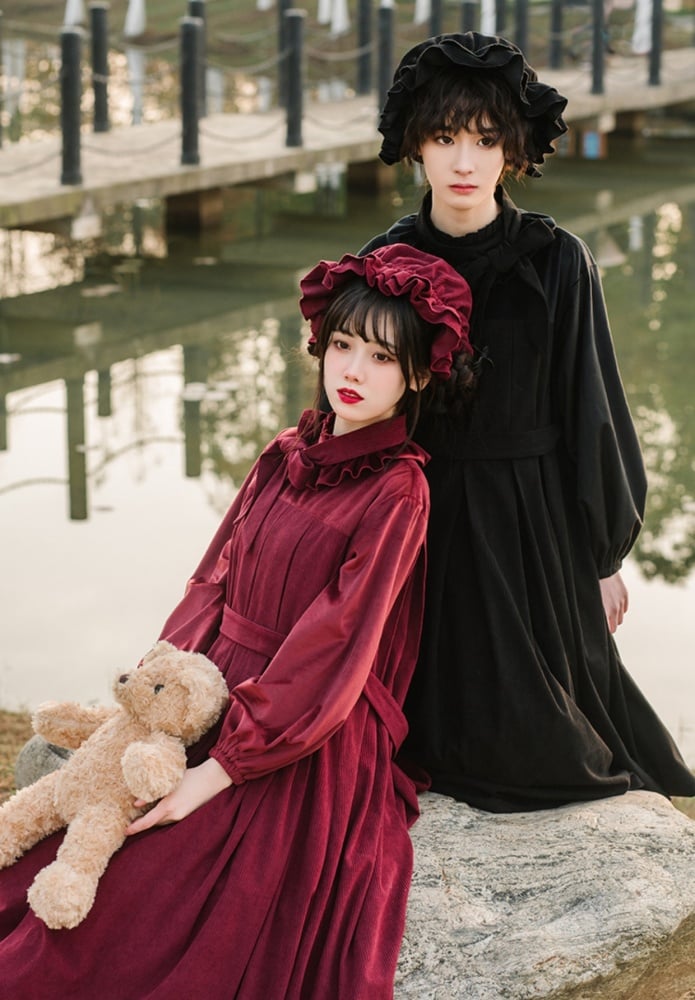 Winona Red/Black Velvet and Corduroy Ruffle Neckline Long Balloon Sleeves One Piece