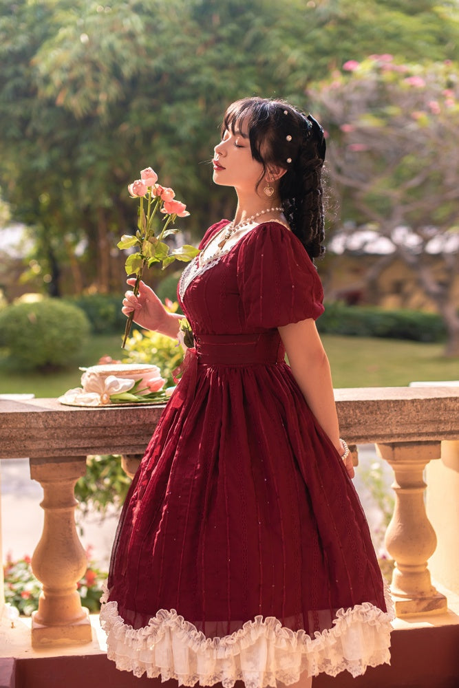 Tulip 1.0 Tiered Skirt and Ruffle Trim Short Sleeves One Piece Version A (Lace Applique Neckline)/Version B