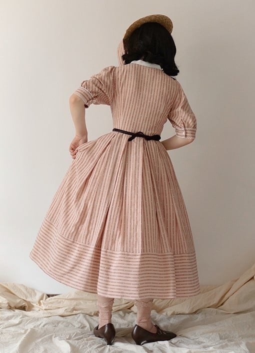 Three Colors Banded Collar Striped Pattern Short Sleeves One Piece