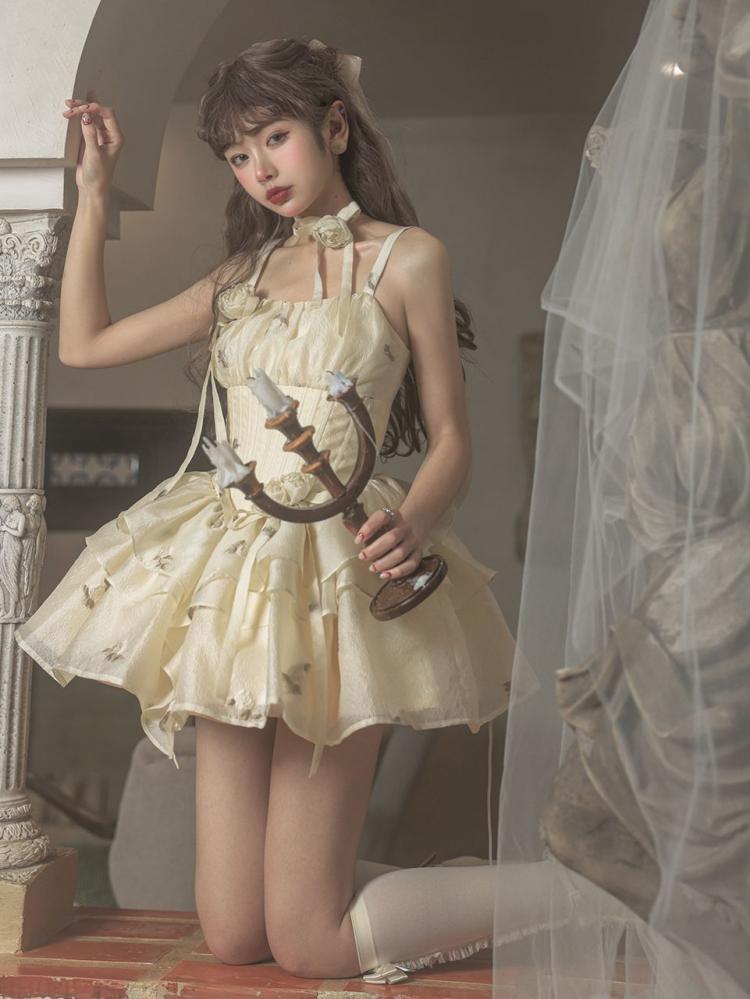 Light Yellow Floral Pattern Boned Bodice Jumper Skirt with Rosette Brooches Short Version
