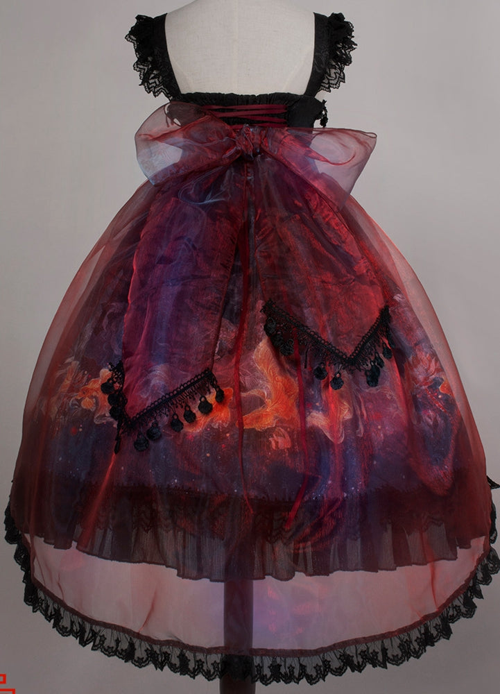 In Stock Lotus Bloom Fish Print Flounce Hemline Chinoiserie Style Jumper Skirt
