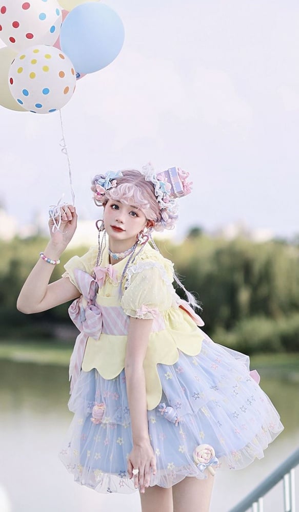 Rainbow Candy Stars Print Lollipop Design Lolita JSK+Brooches+Big Bow Train Set
