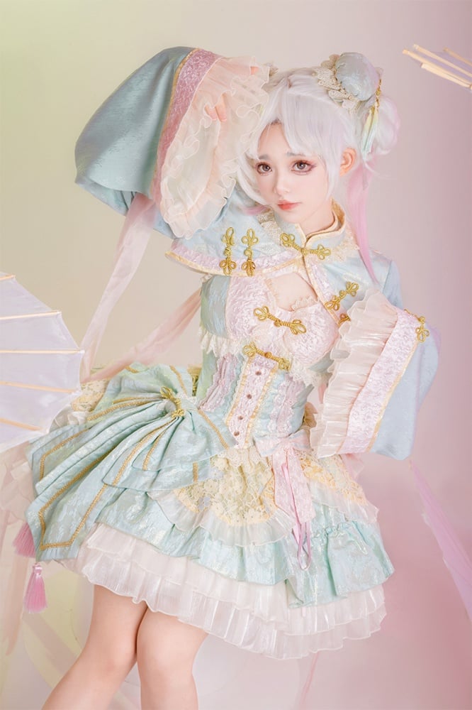 Light Green and Pink Detachable Collar Qi Tiered Ruffles Jumper Skirt - Sukuroi