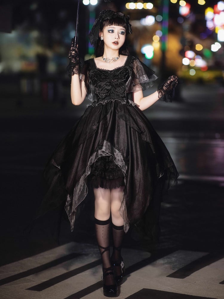 Twin Butterfly Black Square Neckline Handkerchief Hem Jumper Skirt
