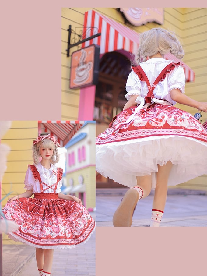 Red Bunny Strawberry Print Sweet Overall Dress+White Peter Pan Collar Blouse Set