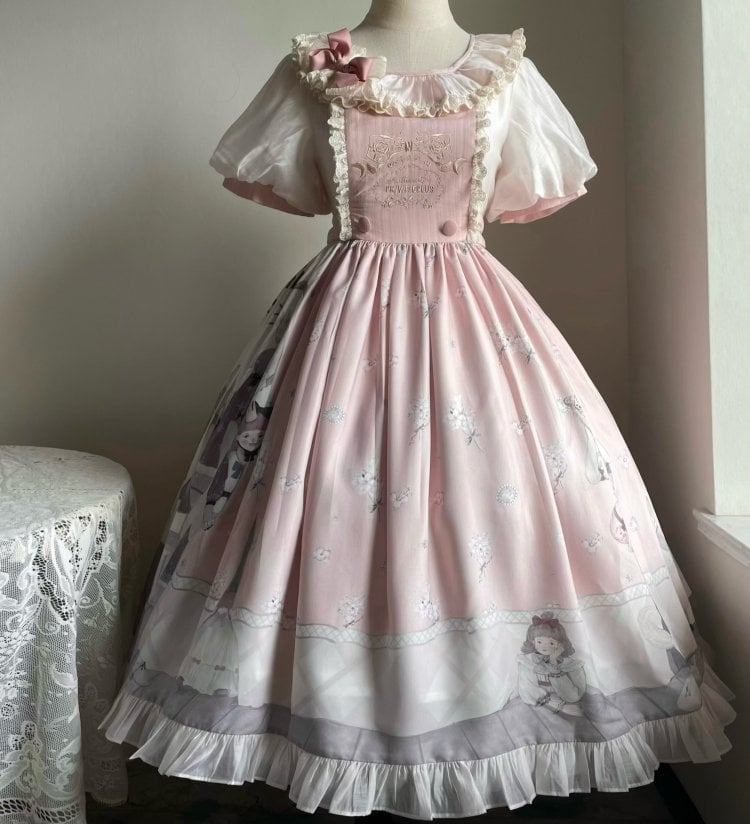 Spring Curtain Country Style Little Girl Print Embroidery Round Neck Bowknot Details Short Sleeves One Piece