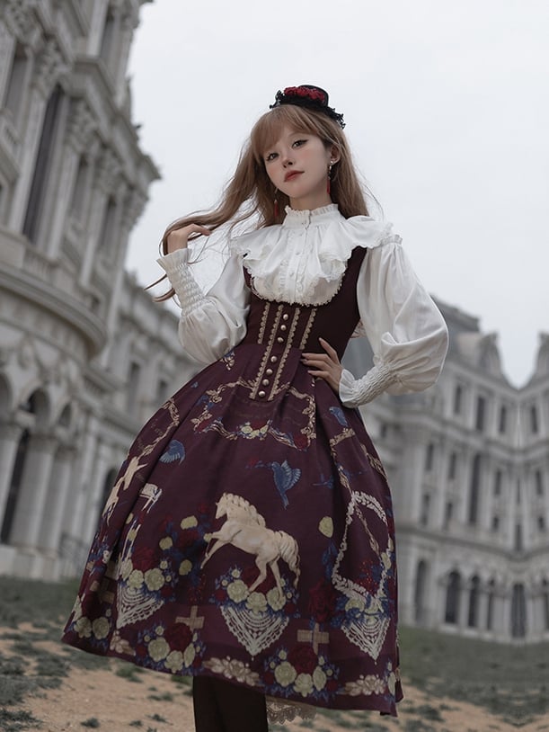 Red Underbust Neckline Unicorn Print High Waist Jumper Skirt