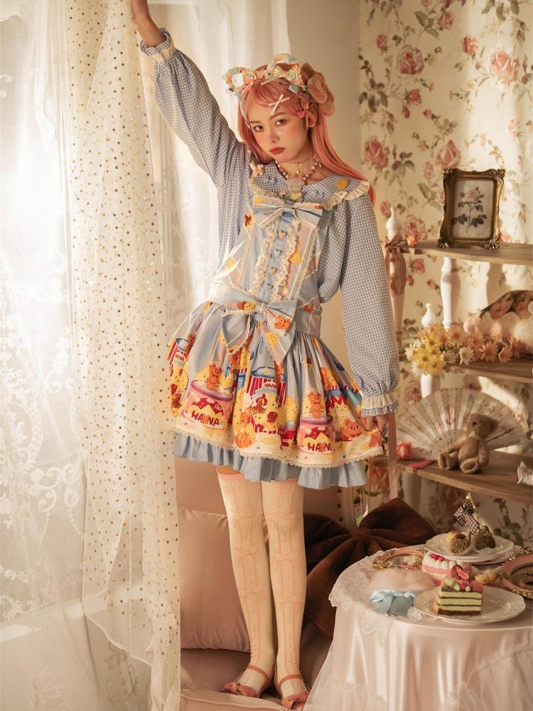 Little Bear and Pot Built-in Petticoat Bear and Biscuit Print Overalls