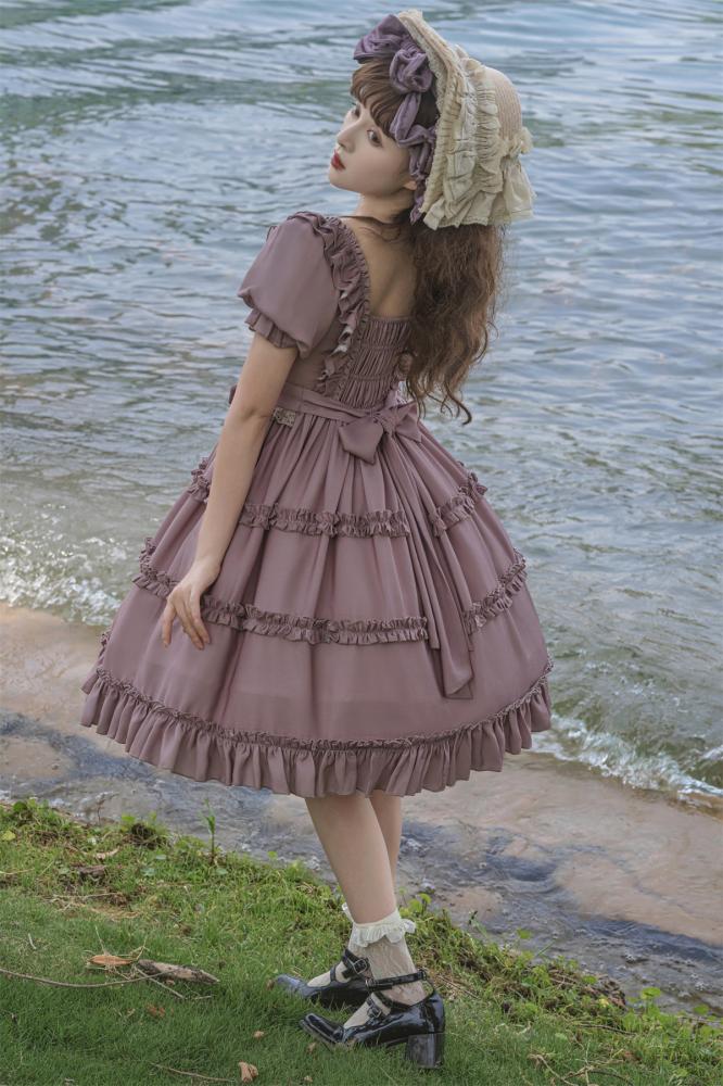 Square Neckline Smocked Elastic Front Bodice Ruffle Hemline Long/Short Sleeves Lolita OP