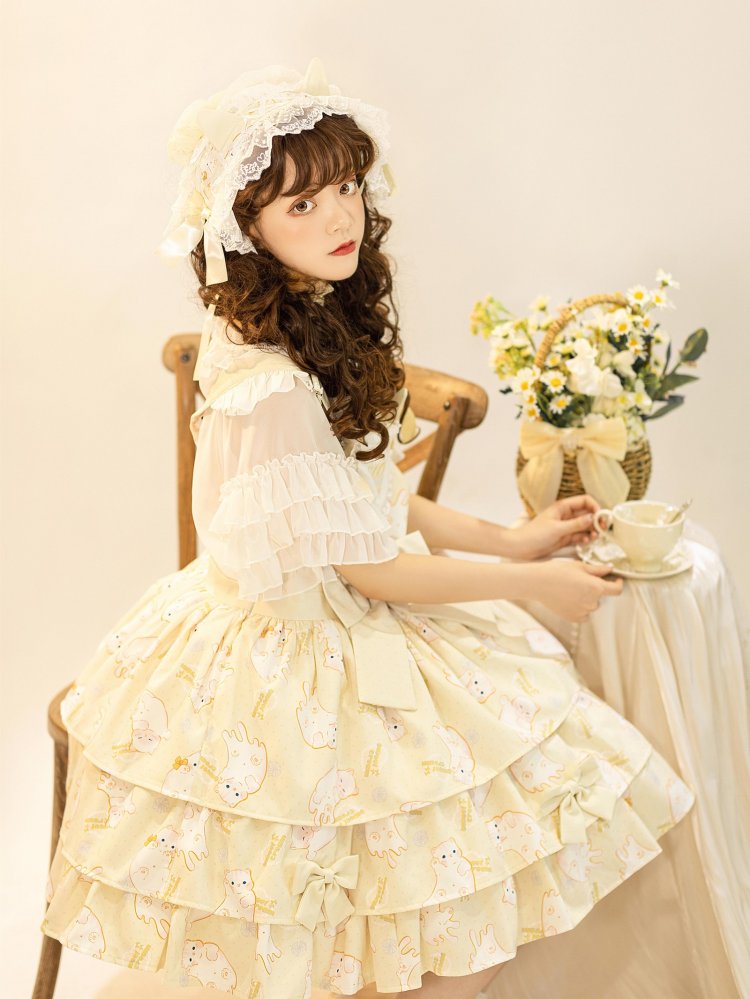 In Stock Kitty Print Bowknot Details Tiered Ruffle Hem Overall Dress