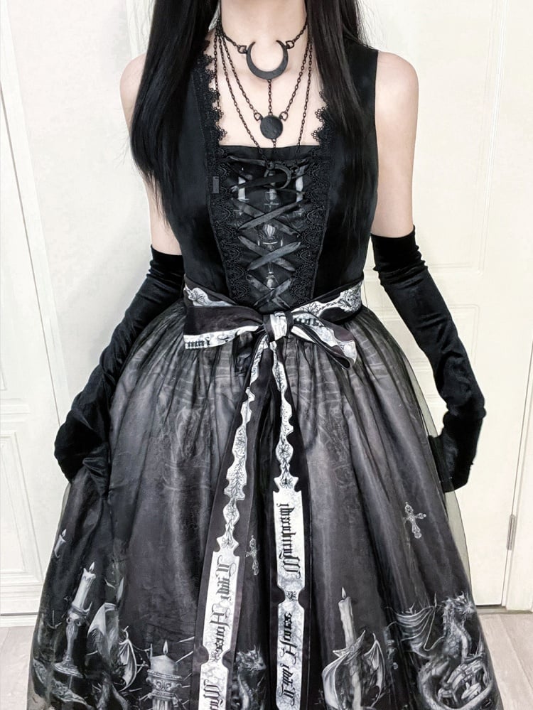 Close-up of elegant gothic jumper skirt in black with dragon print