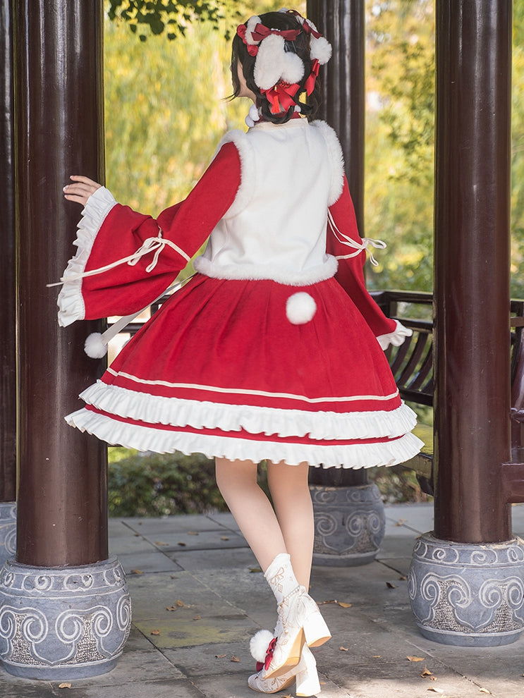 New Year Red and White Plush High Neck Ruffle Hemline Long Sleeves One Piece