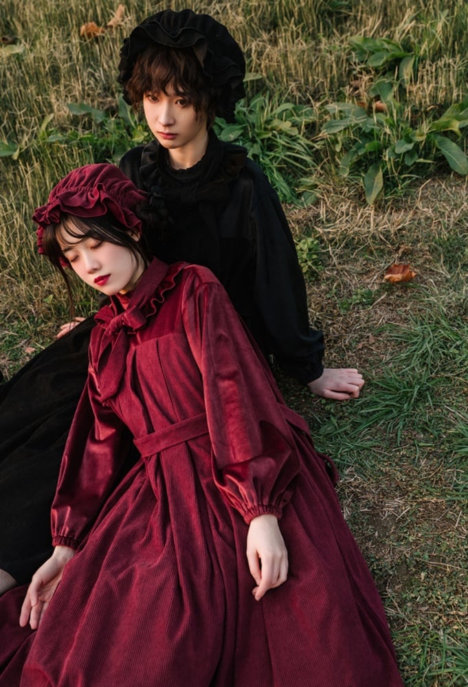 Winona Red/Black Velvet and Corduroy Ruffle Neckline Long Balloon Sleeves One Piece