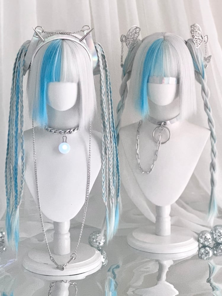 White and Blue Highlight Color Chin Bob Cut Wig with Ponytail and Braids Jaw Clips
