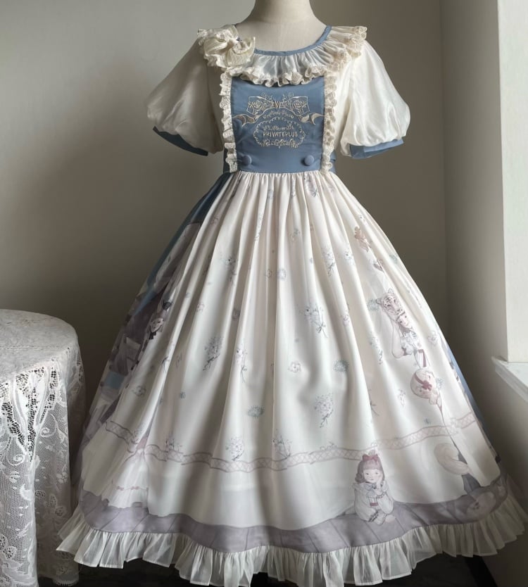 Spring Curtain Country Style Little Girl Print Embroidery Round Neck Bowknot Details Short Sleeves One Piece