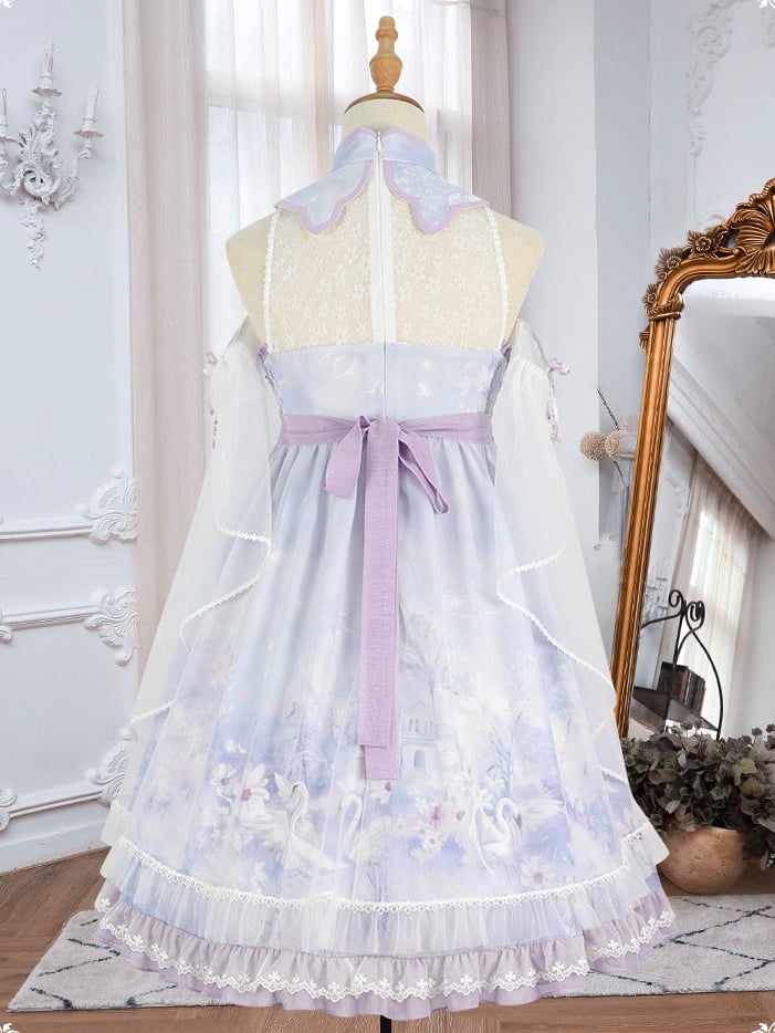 Purple Swan Castle Floral Print Banded Collar Ruffle Hemline Lolita JSK