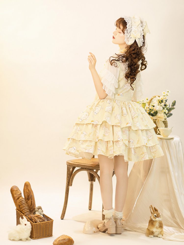 In Stock Kitty Print Bowknot Details Tiered Ruffle Hem Overall Dress