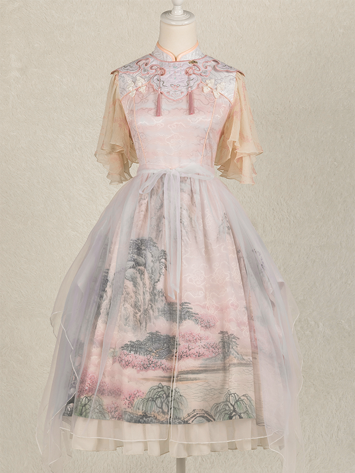 In Stock Mountains-and-waters Painting Print Irregular Hem Chinoiserie Style Short Sleeves One Piece