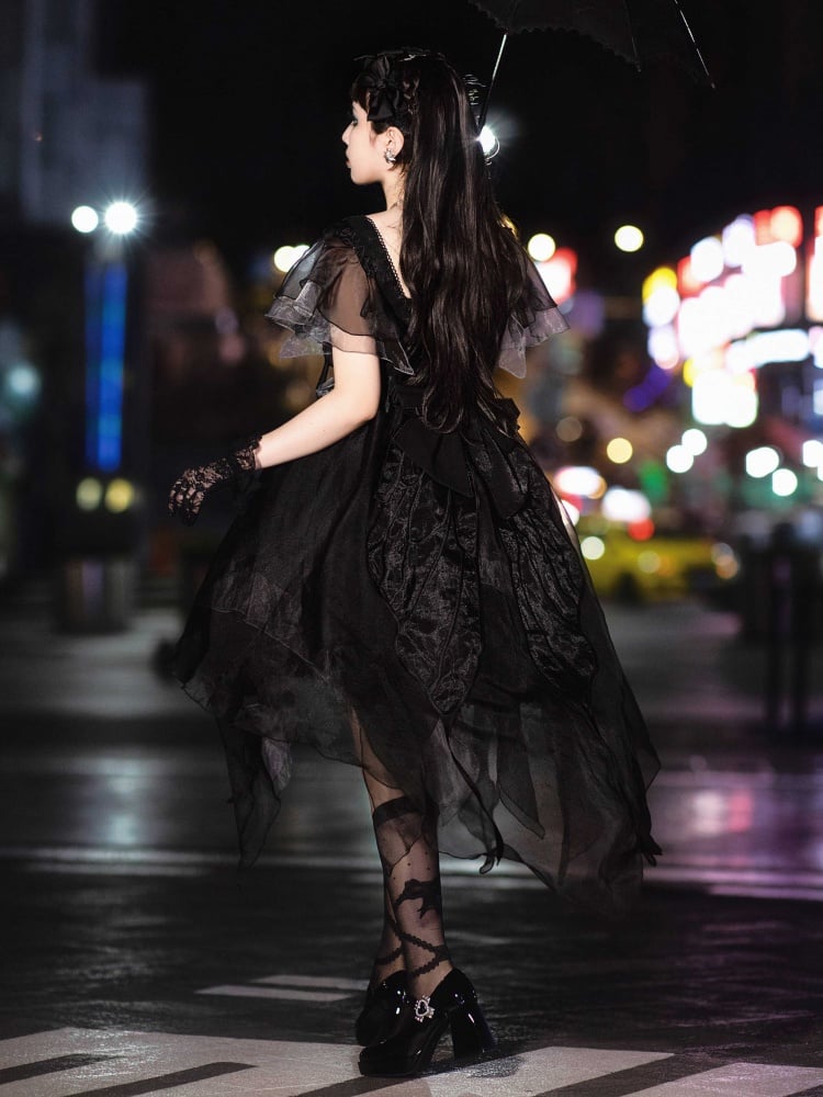Twin Butterfly Black Square Neckline Handkerchief Hem Jumper Skirt